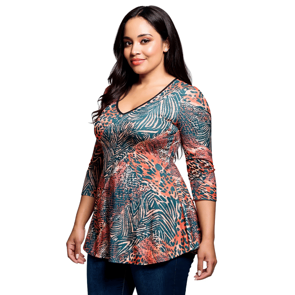Plus Size 24/7 Comfort Apparel Animal Print V-Neck Tunic Top