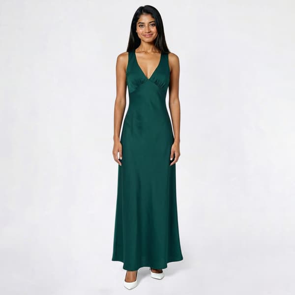 Juniors Crystal Doll Stretch Satin Cowl Back Midi A-Line Dress - image 