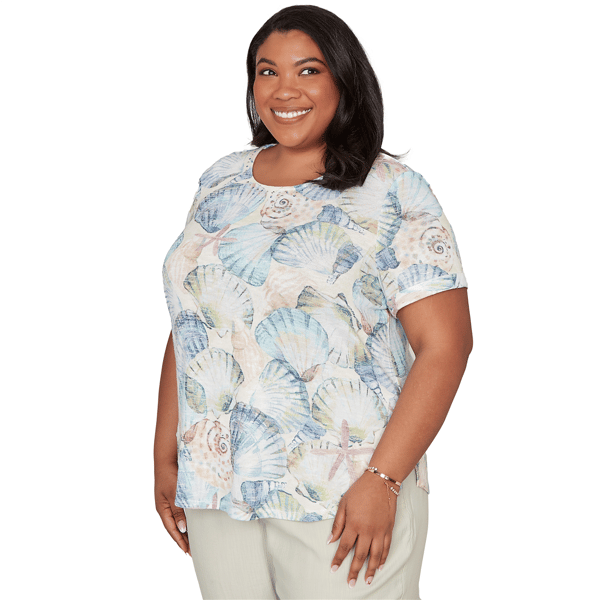 Plus Size Alfred Dunner Vintage Charm Round Neck Seashells Blouse