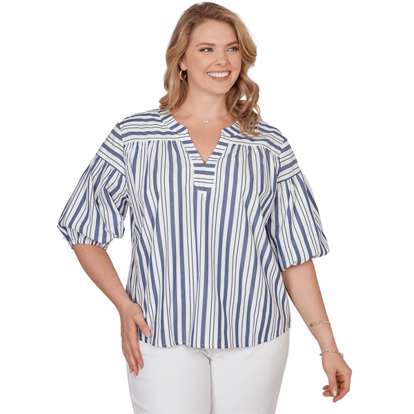 Plus Size Ruby Rd. French Riviera Elbow Puff Sleeve Stripe Blouse - image 