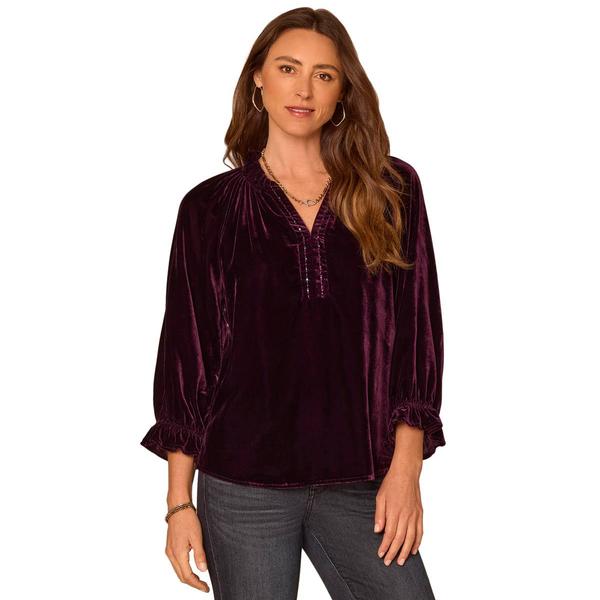 Womens Democracy 3/4 Slv Velvet Ruffle Nk Wvn Top W/Plckt - image 