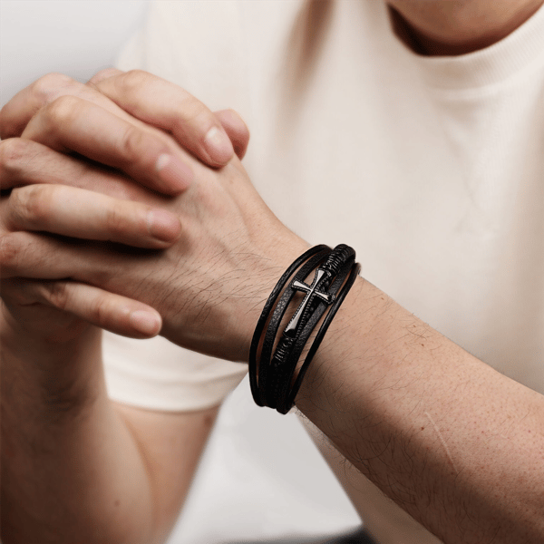 Mens Lynx Black Ion Plated & Black Leather Bracelet