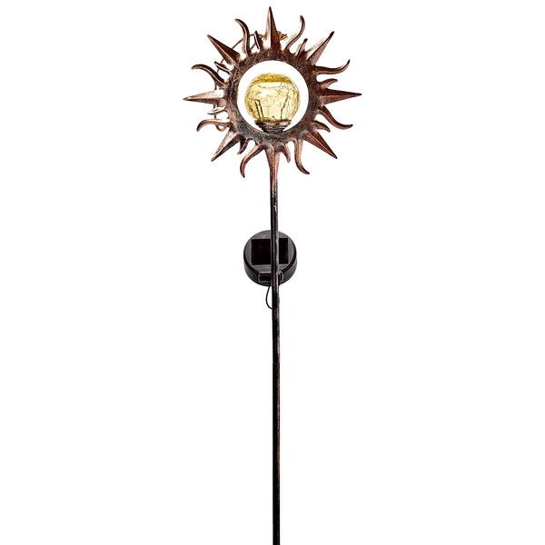 31in. Iron Sun Face Stake w/ Crackled Glass Ball & Solar Light - image 