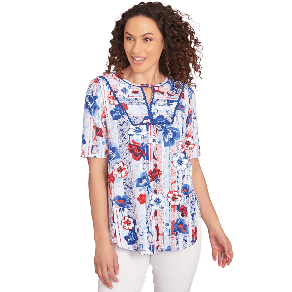 Petite Ruby Rd. Americana Chic Riviera Floral Stripe Print Knit - image 