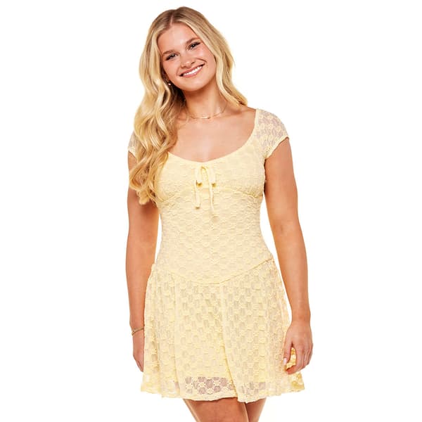 Juniors No Comment Floral Lace Front Tie Drop Waist Mini Dress