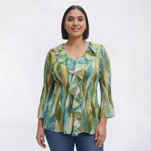 Plus Size Floral & Ivy 3/4 Sleeve Ruffle Neck Leaf Pleater Blouse - image 