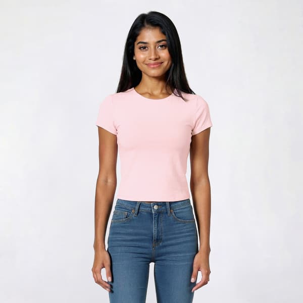 Juniors Pink Rose Contour Crew Neck Double Layer Cap Sleeve Tee - image 