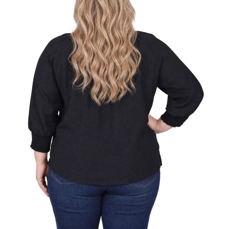 Plus Size NY Collection 3/4 Smock Sleeve Front Button Blouse
