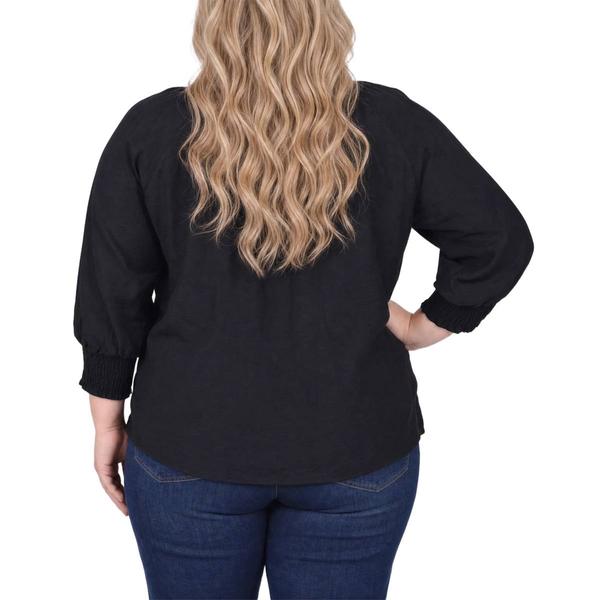 Plus Size NY Collection 3/4 Smock Sleeve Front Button Blouse
