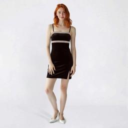 Juniors Jump Stretch Velvet Sequin Trim Slip Dress with Slit