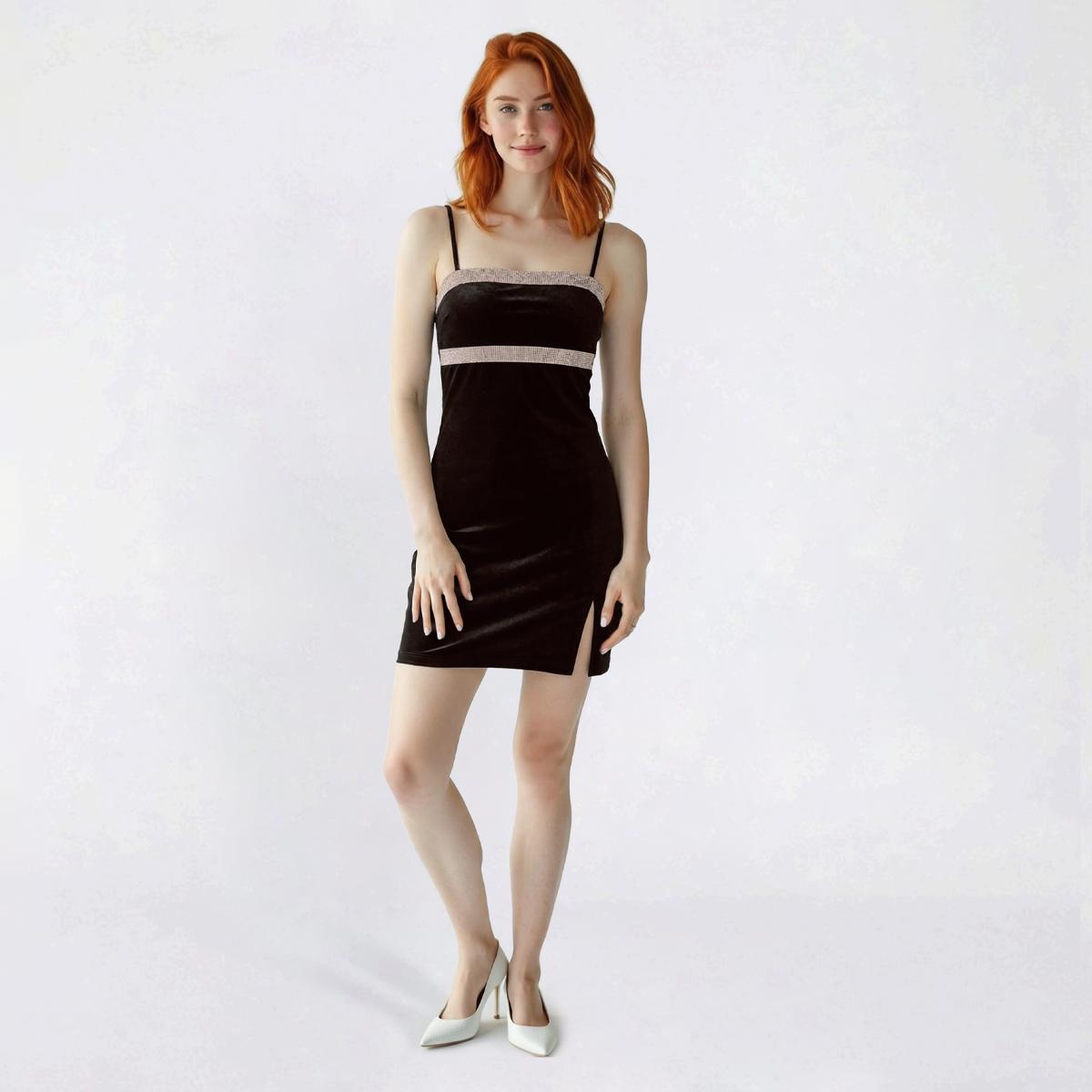 Juniors Jump Stretch Velvet Sequin Trim Slip Dress with Slit