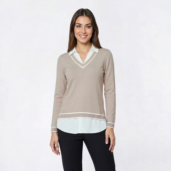 Womens Adrianna Papell Tipped Long Sleeve Two In One Sweater