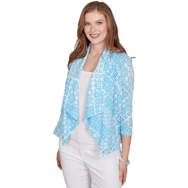 Plus Size Hearts of Palm Aqua Fresh 3/4 Sleeve Cascade Cardigan