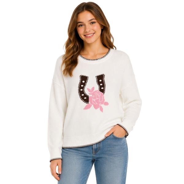 Juniors No Comment Horseshoe Rose Whipstitch Pullover Sweater - image 