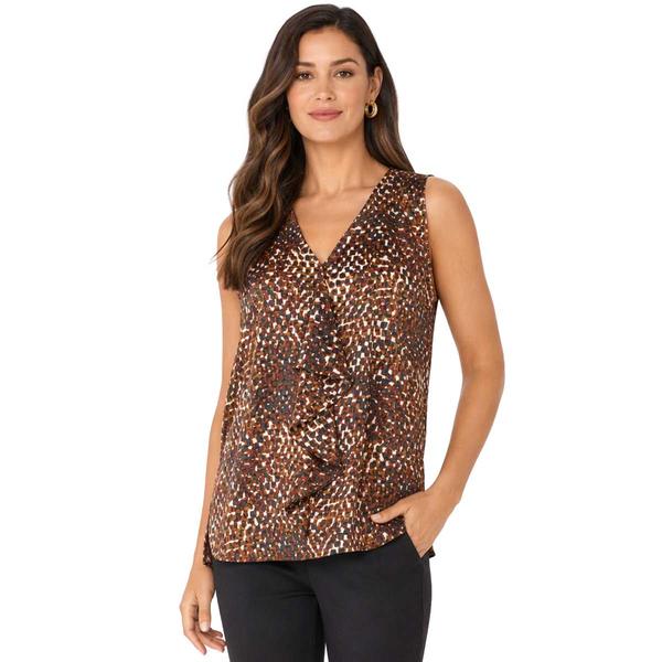 Womens Kasper Sleeveless V-Neck Ruffle Front Dot Blouse