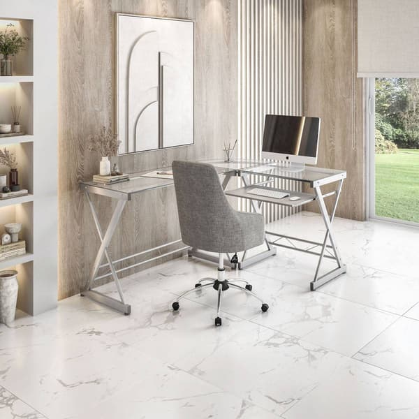 Techni Mobili 62in L-Shaped Glass Computer Desk w/ Keyboard Panel