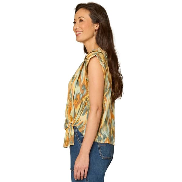 Womens Democracy Cap Sleeve Knot Hem Abstract Blouse