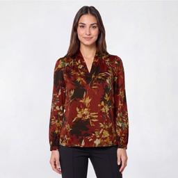 Womens Kasper Long Cuff Sleeve V Neck Floral Satin Blouse