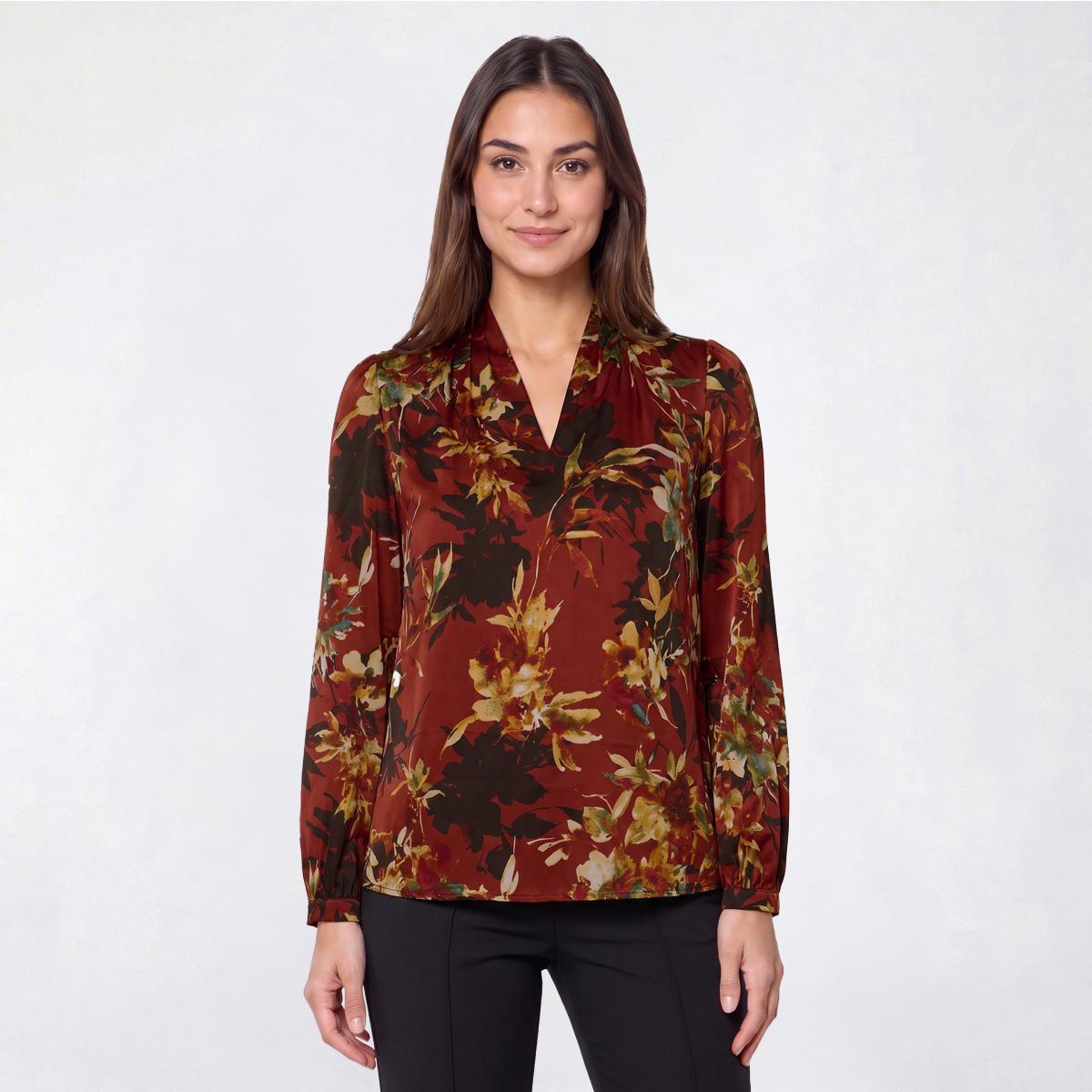 Womens Kasper Long Cuff Sleeve V Neck Floral Satin Blouse
