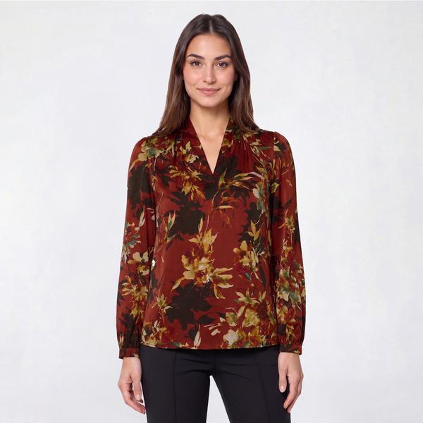 Womens Kasper Long Cuff Sleeve V Neck Floral Satin Blouse - image 