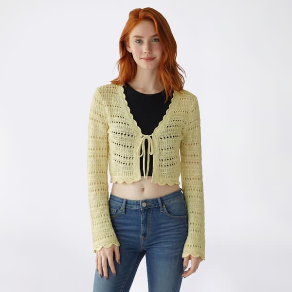 Juniors Pink Rose Long Sleeve Pointelle Tie Front Cardigan