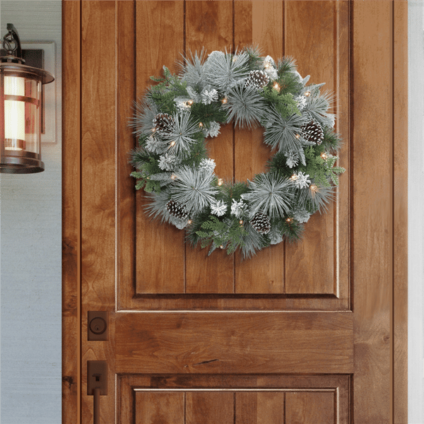 Puleo International Pre-Lit Flocked Wreath with Pinecones