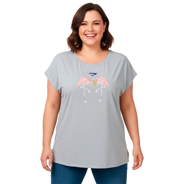 Plus Size New York Laundry Dolman Sleeve Rhinestone Flamingo Tee - image 