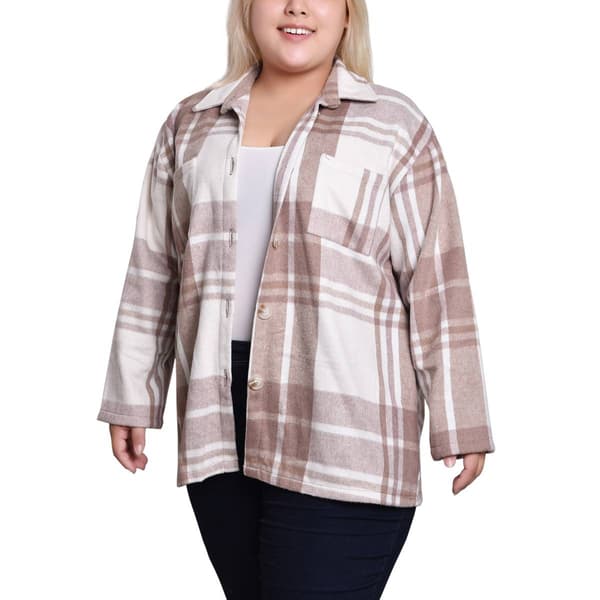 Plus Size NY Collection Brushed Twill Plaid Shacket- Tan/White