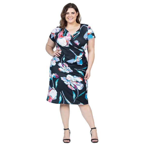 Plus Size 24/7 Comfort Apparel Floral Knee Length Faux Wrap Dress