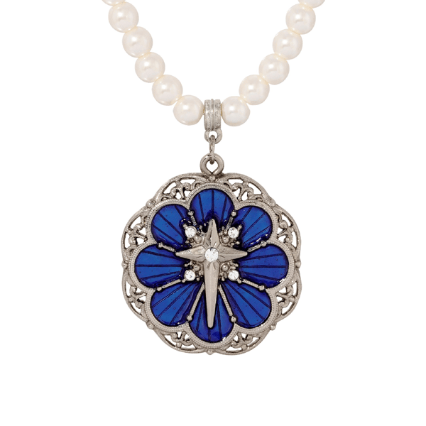 Symbols of Faith Silver Tone Star Of Bethlehem Pearl Necklace