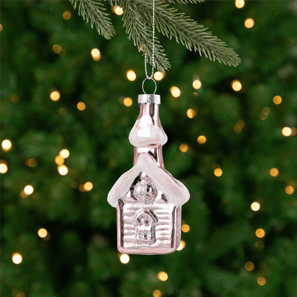 Northlight Snow Covered Pink Church Glass Christmas Ornament - image 