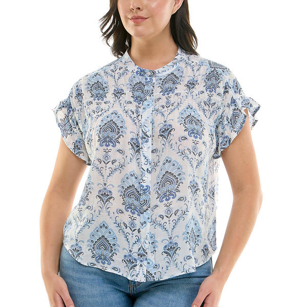 Womens Zac & Rachel Short Ruffle Sleeve Button Down Blouse - image 