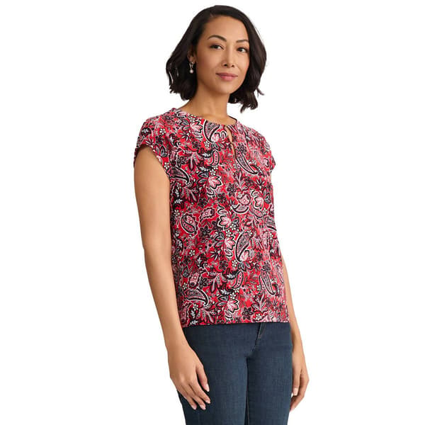 Petite Jones New York Cap Sleeve Keyhole Neck Paisley Blouse