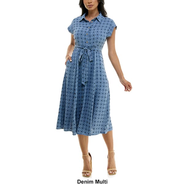 Womens Nina Leonard Short Sleeve Swiss Dot Collar Shirtdress
