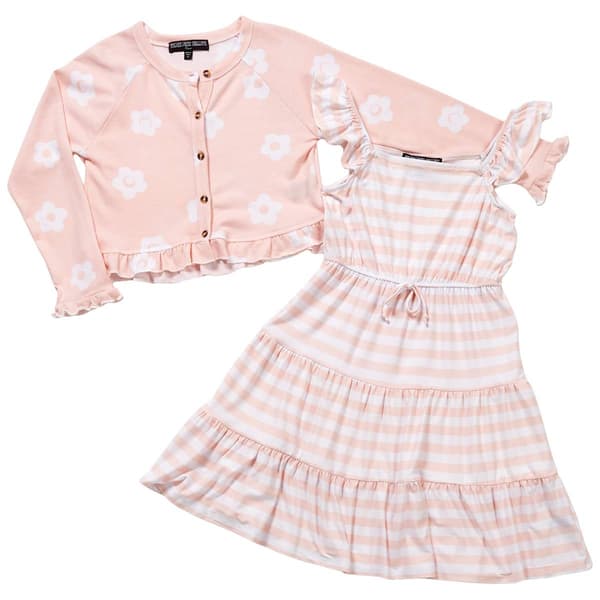Girls &#40;7-16&#41; Three Pink Hearts Floral Cardigan & Stripe Dress - image 