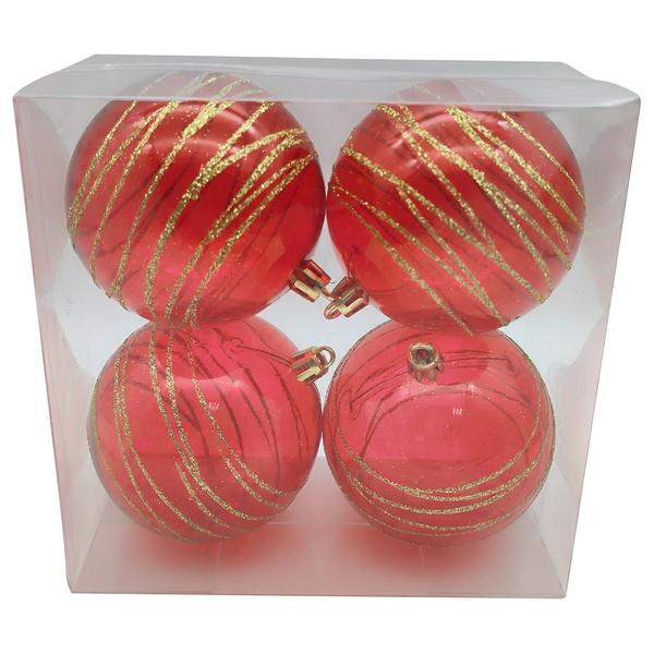 Set of 4 Red Shatterproof Ball Ornaments w/ Gold Spirals - image 