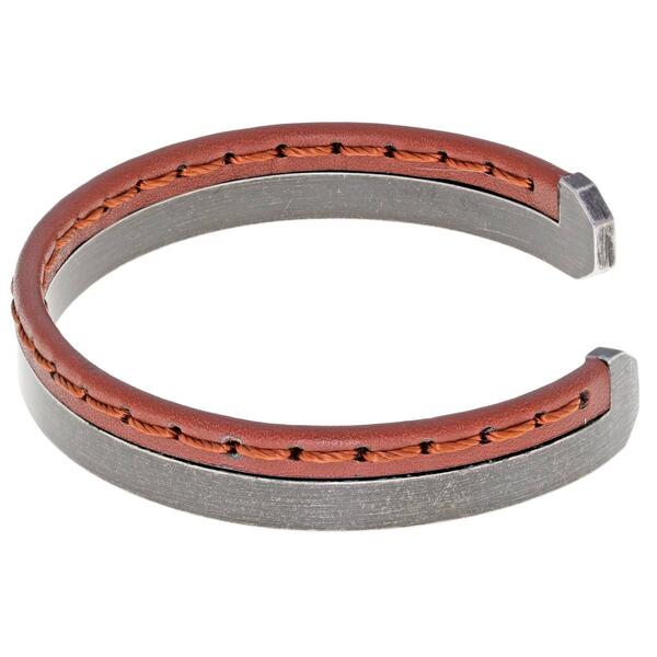 Mens Lynx Stainless Steel Stitched Leather Cuff Bangle Bracelet