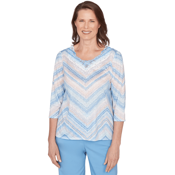 Petites Alfred Dunner St. Augustine Chevron Print Lace Trim Crew - image 