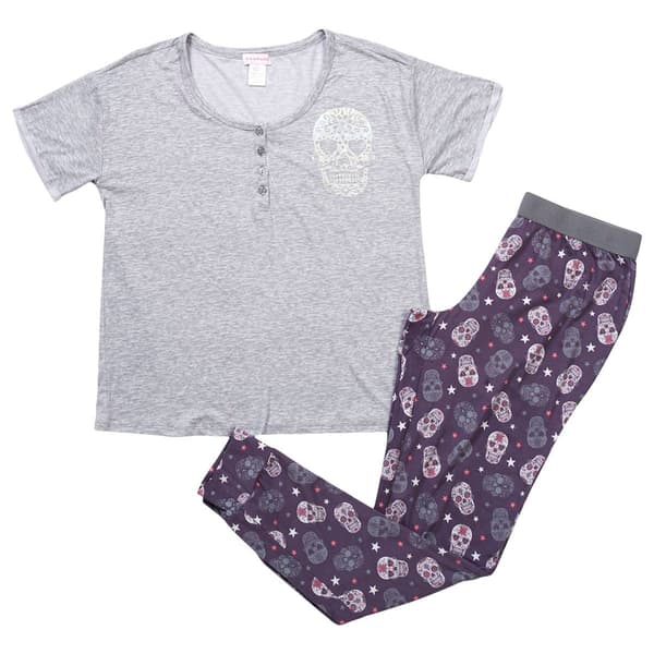 Womens Rampage Short Sleeve Brushed Skull Henley Pajama Set - image 