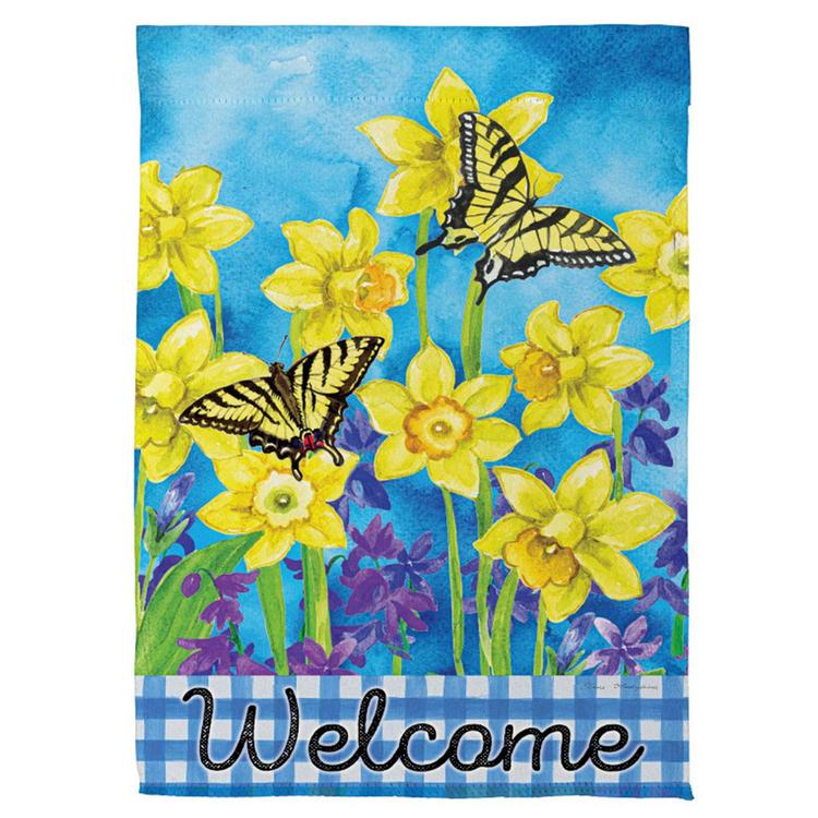 Evergreen Welcome Swallowtail & Daffodil Suede Garden Flag