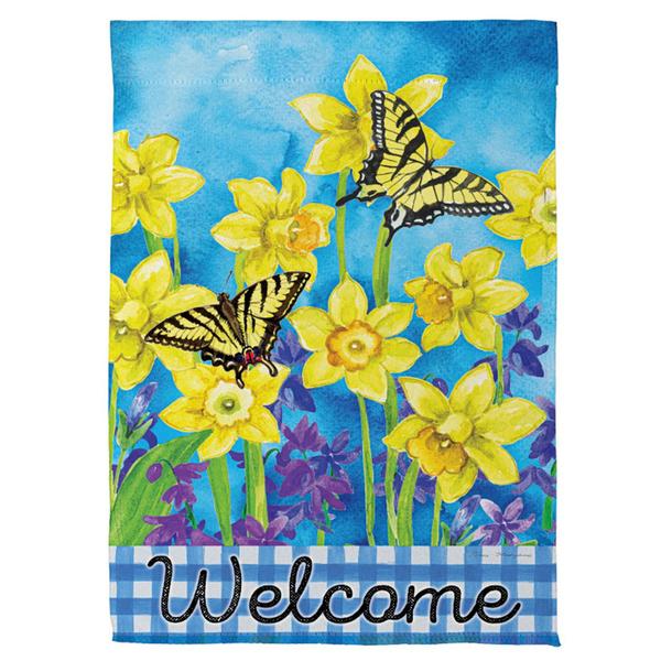 Evergreen Welcome Swallowtail & Daffodil Suede Garden Flag