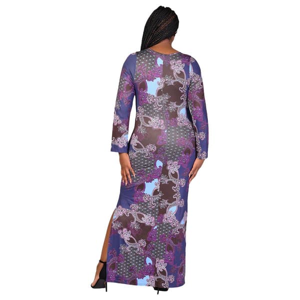 Plus Size 24/7 Comfort Apparel Purple Paisley Fitted Maxi Dress