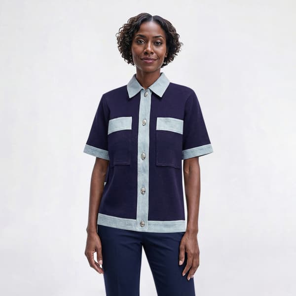 Womens Nanette Lepore Short Sleeve Button Jacket With Denim Trim - image 