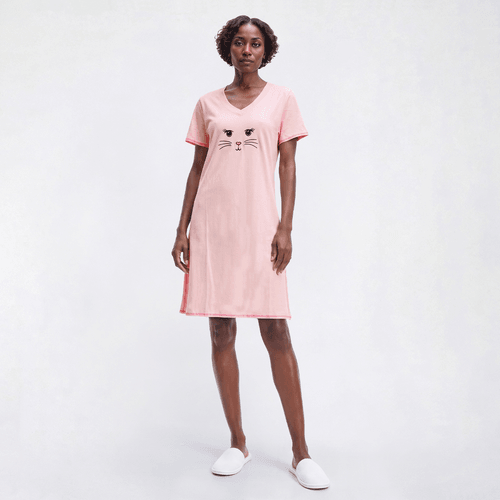 Womens René Rofé®  Short Sleeve Cat Face Embroidered Nightshirt