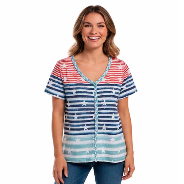 Womens Thomas & Olivia Stars Stripe Braided V-Neck Tee - image 