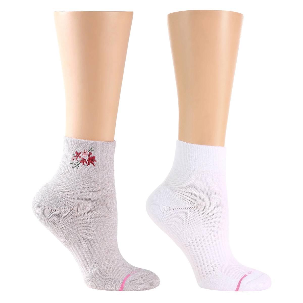 Womens Dr. Motion 2pk. Floral Embroidered & Solid Quarter Socks