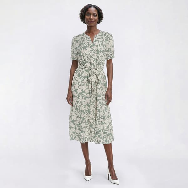 Womens Luxology Short Sleeve Tropical Linen Challis Midi Dress - image 