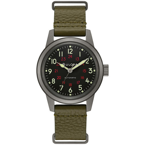 Mens Bulova Automatic Green Leather NATO Strap Watch -98A255 - image 