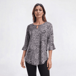 Womens Notations 3/4 Ruffle Sleeve Keyhole Blouse - Night