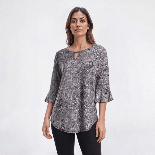 Womens Notations 3/4 Ruffle Sleeve Keyhole Blouse - Night